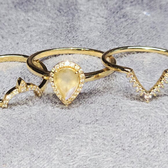 14K Yellow Gold Triple Moonstone Alexandrite CZ Ring Set Sz 9 - Picture 3 of 10